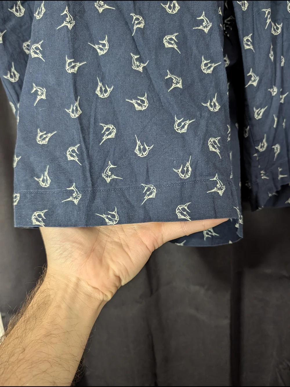 Polo by Ralph Lauren LINEN Navy Blue Fish Patterned Flat Front Shorts 48